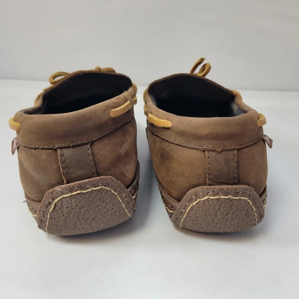 LL Bean Mens Brown‎ Leather Moccasin Slippers Cozy Plaid Lined Size 9
